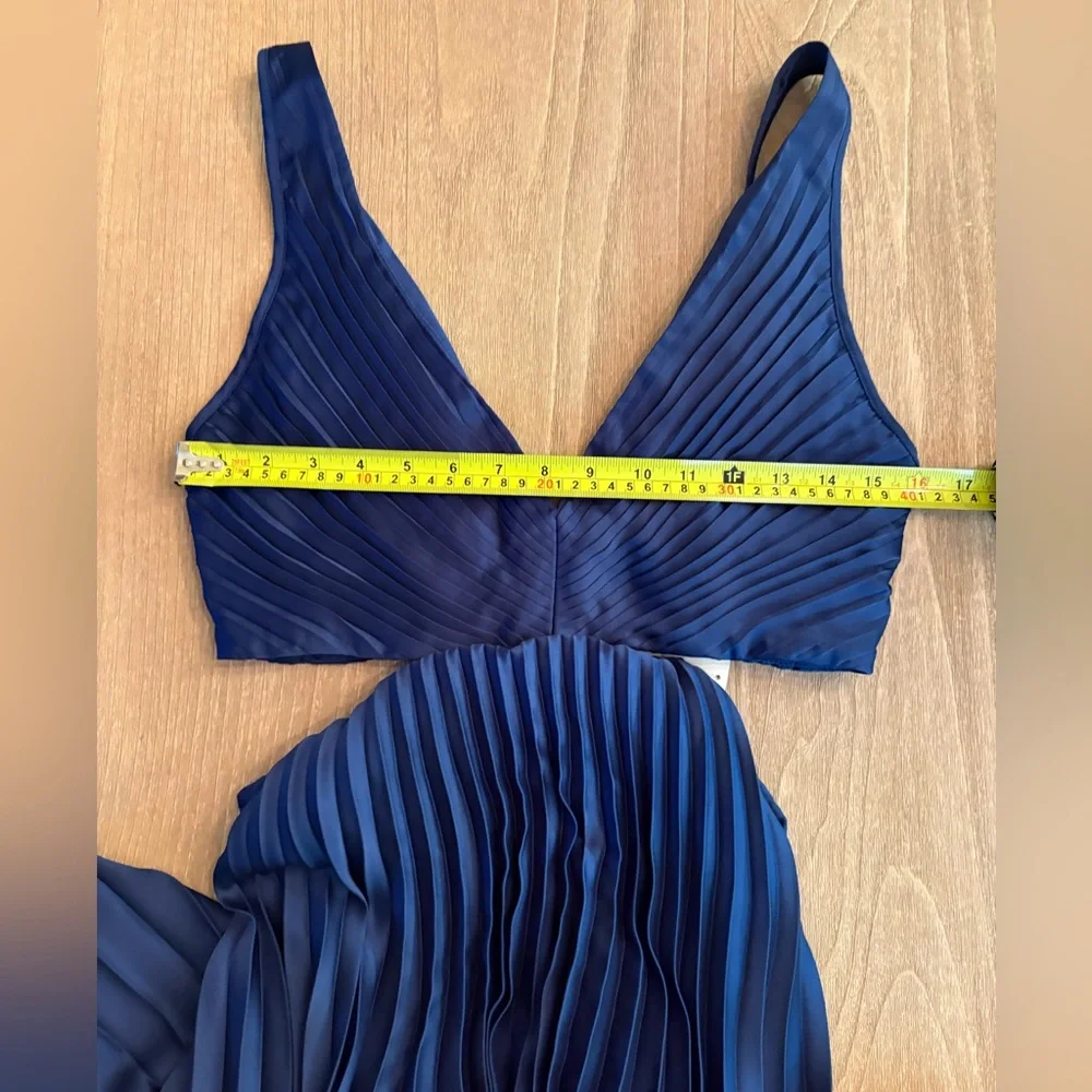 Abercrombie & Fitch Giselle Satin Pleated Cutout Maxi Dress Navy Medium Tall NWT